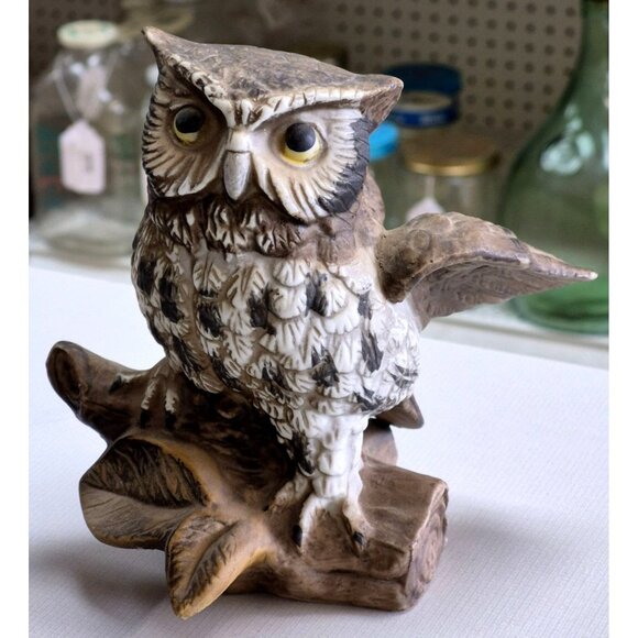 Vintage 1970s Homco Pair Great Horned Owl Porcelain Figurines Owls Set 2 Birds - Picture 2 of 12